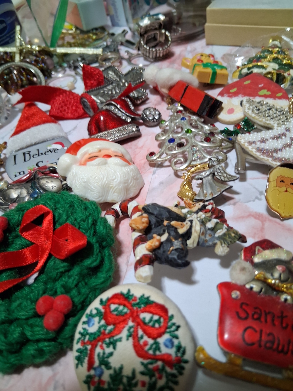 Festive Christmas Ornament and Pin Lot - Red, Green, White